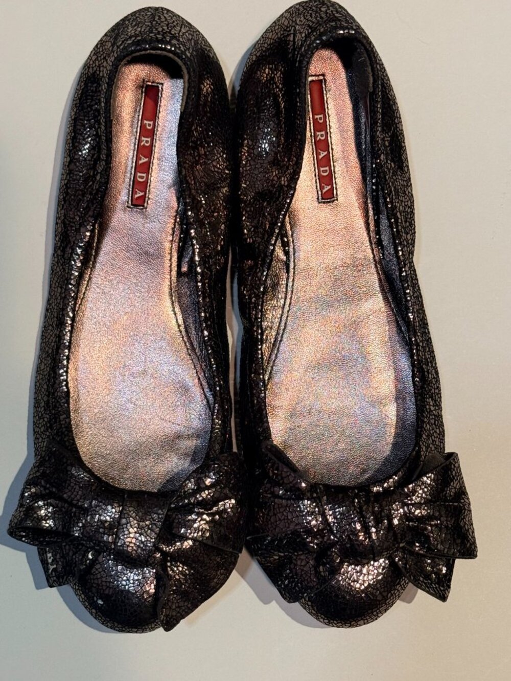 Prada Bow Ballet Flats Metallic Crackle Leather Black Bronze Women’s Shoes 38